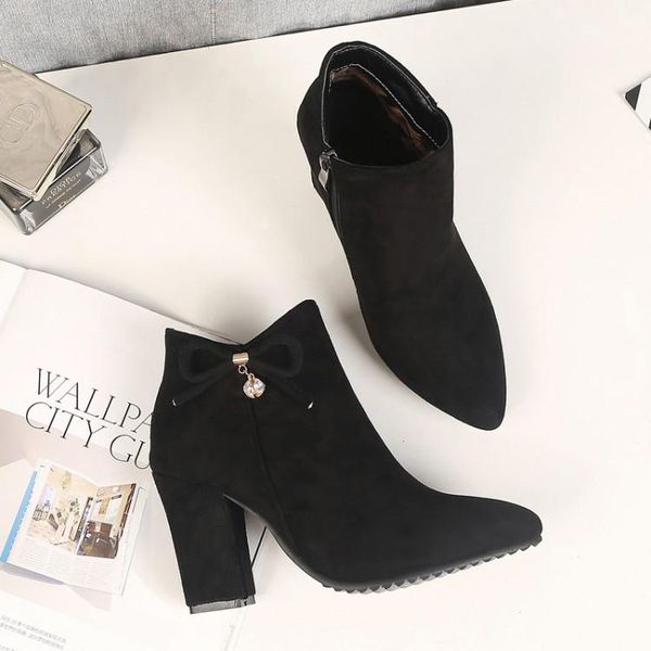 

boots big size 9 10 11-17 women shoes ankle for ladies side zipper with diamond pendant bow tie, Black