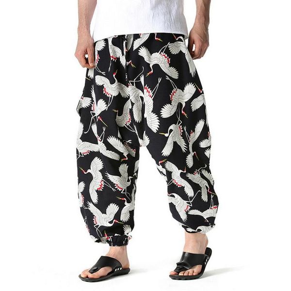

men's pants vintage loose casual elastic waist joggers ethnic style printed clothes hip-hop trousers plus size 3xl harem, Black