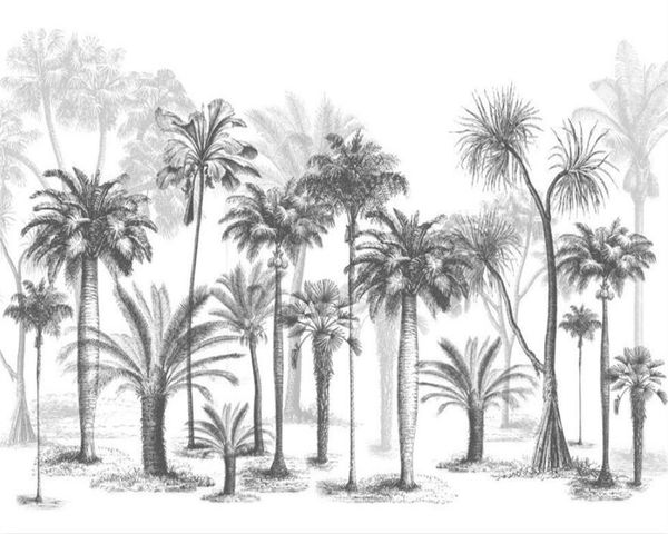 Пользовательские обои росписи черно-белый эскиз тропический тропический лес кокосовое дерево телевизор диван фона 3d обои