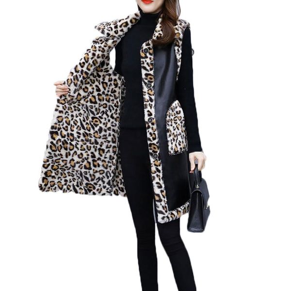 Fêmea Faux Faux 2021 colete PU leopardo leopardo feminino casacos longos primavera outono retalhos na moda plus tamanho senhora Outerwear M132