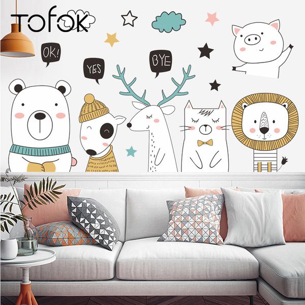 Tofok DIY Lovely Animal Bear Deer Wall Sticker Porta di casa Camera dei bambini Nursery Decalcomanie Soggiorno Divano TV Sfondo Decorazione 210308