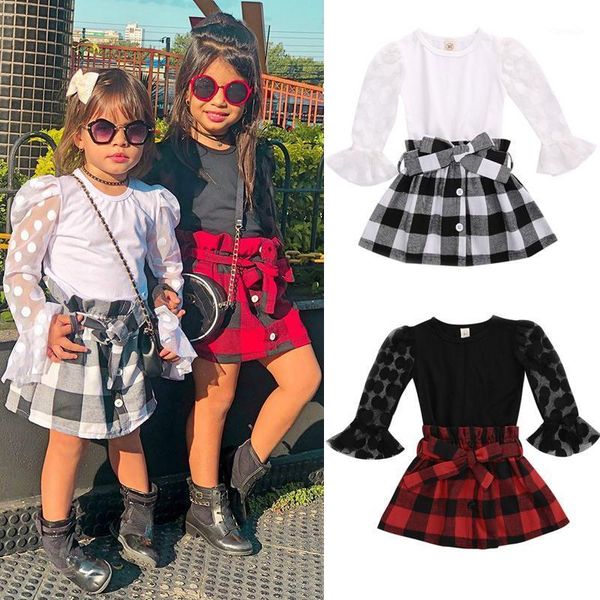 

fashion children girls clothing sets autumn kids lace mesh flare sleeve t-shirts+plaid a-line skirts xmas clothes, White