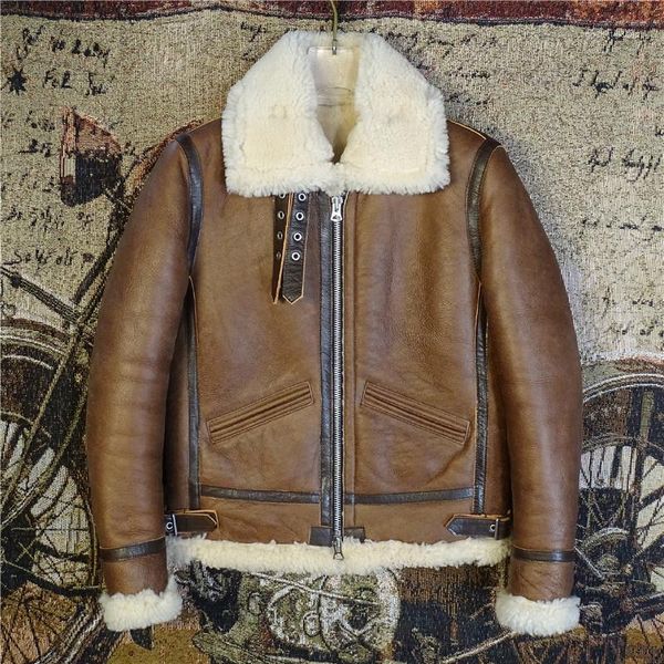 

men's leather & faux dark 2021 brown military style b3 bomber genuine shearling coat plus size 4xl real natural sheepskin winter thick, Black