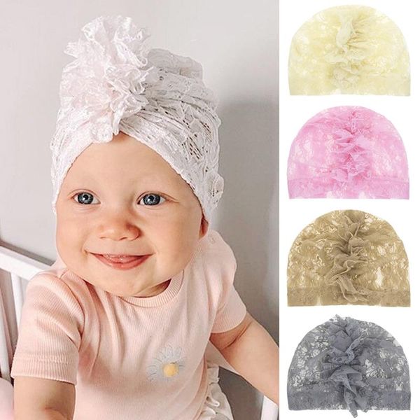 

caps & hats cute baby hat spring summer lace flower kids girl bonnet solid color breathable thin infant toddler turban beanie cap, Yellow
