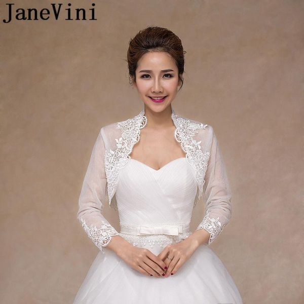 

wraps & jackets janevini 3/4 long sleeves women jacket lace appliqued wedding coat white see through bride bridal cloak shawl boleros cape
