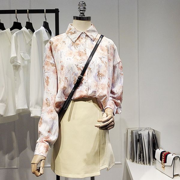 

summer new retro chic shirt for women french style fashion printed all-match elegant blouse long sleeve polo collar blusas, White