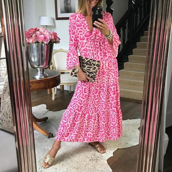 

casual dresses robe longue women's summer long dress 2021 pink leopard vestidos de mujer plus size 3xl loose waist maxi femme, Black;gray