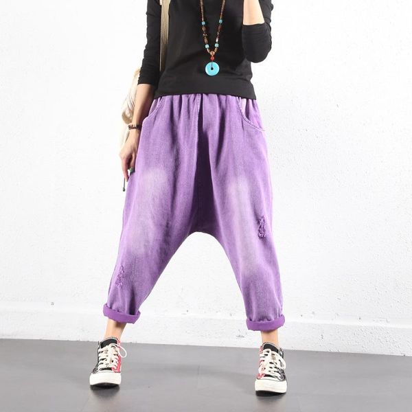 

women's jeans bf style drop crotch harem denim pants baggy candy colors hip hop cowboy bloomers joggers elastic waist trousers, Blue