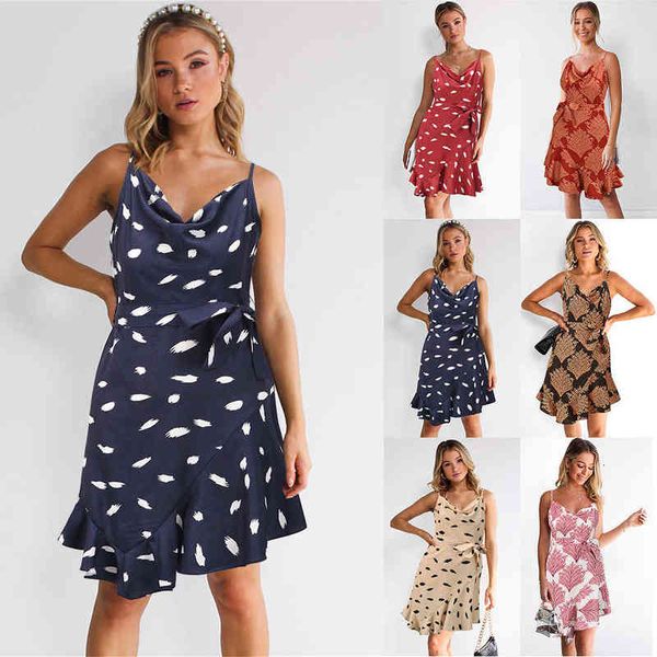 

casual dresses 2022 summer slim print suspender large, Black;gray