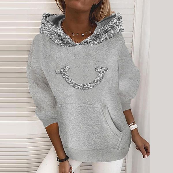 

women's hoodies & sweatshirts pullover casual loose patchwork sequin pattern pocket fashion autumn winter hooded streetwear 2021, Black