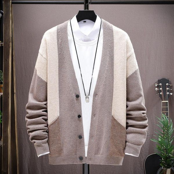 

men's sweaters men patchwork knitted cardigan fashion sweater coat long-sleeved jacket antumn winter thick casual, White;black