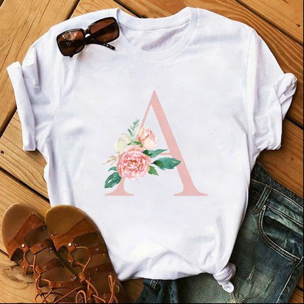 

26 pink a to z letter flower print t shirt women short sleeve o neck loose tshirt women tee shirt clothes, White