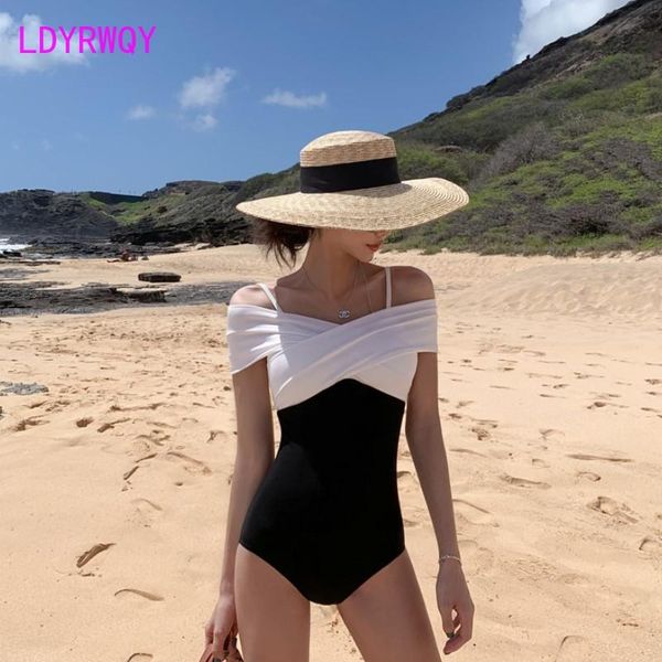 

one-piece suits ldyrwqy 2021 color-blocking slim-fit belly-covering sling high-waist conservative fashion bikini swimsuit