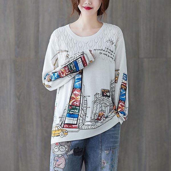 

women's sweaters #0470 printing women autumn winter long sleeve o-neck printed cotton cashmere 30% vintage retro thin white yellow, White;black