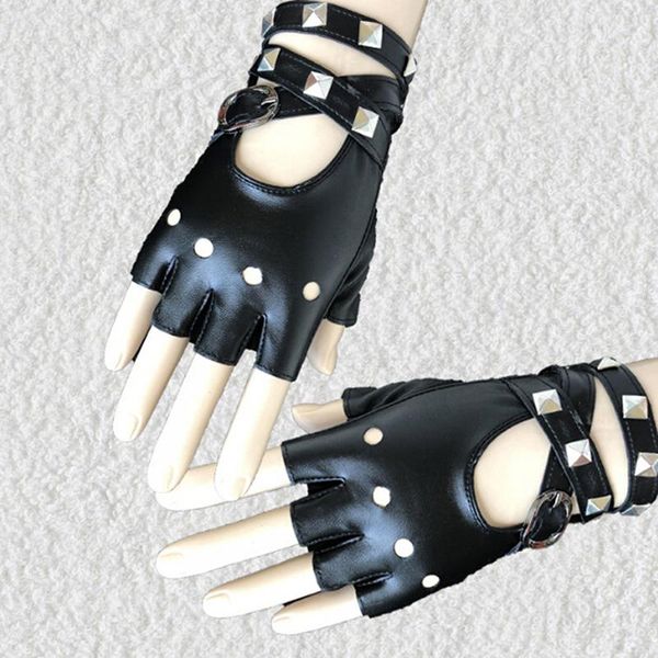 

five fingers gloves 1pair womens leather half finger punk rivets belt halloween party, Blue;gray