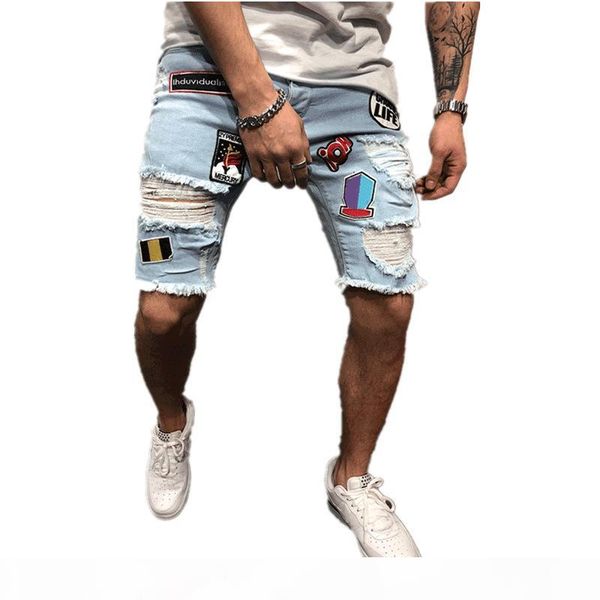 

mens stylist denim shorts fashion summer zipper hole short mens slim pants hip hop mens short jeans blue