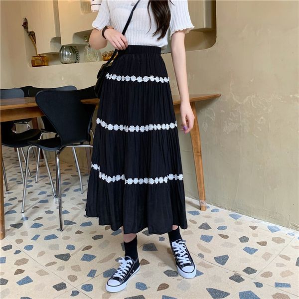 

vintage floral patchwork pleated skirt women long casual elegant high waist midi skirts ladies white black fashion boho saias