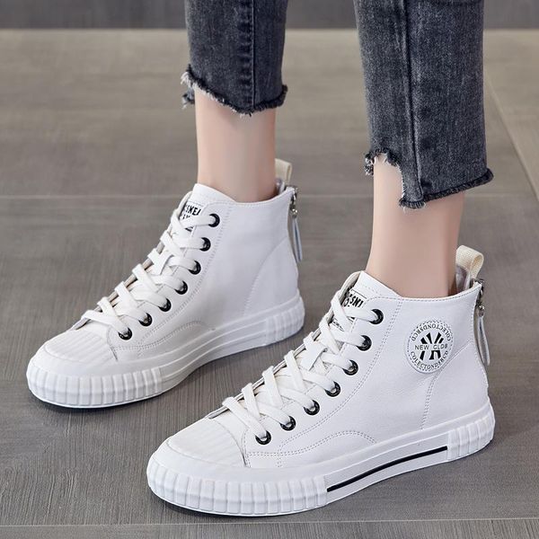 

boots high small white shoes women leather 2021 autumn versatile board korean flat bottom casual, Black