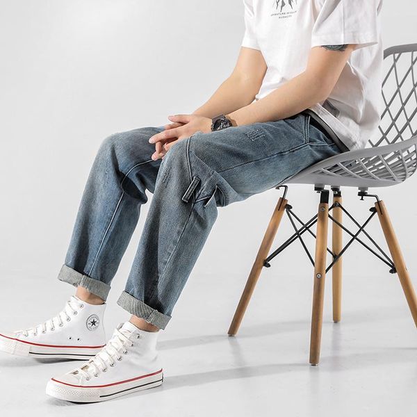 

men's jeans spring 2021 straight slim casual trousers large size solid color cotton, Blue