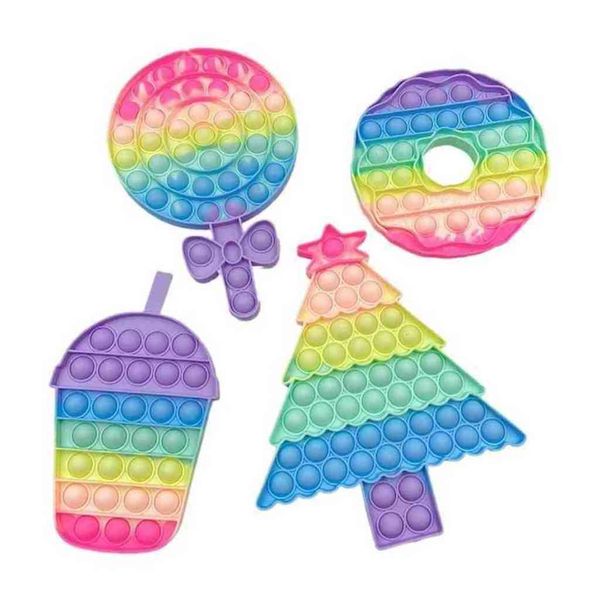 

macarone color lollipop doughnut shape fidget toys coke cup christmas tree push pioneer finger game sensory stress relief vent bubbles puzzl