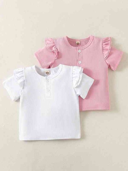 

baby 2pcs rib knit half button ruffle trim she, Blue
