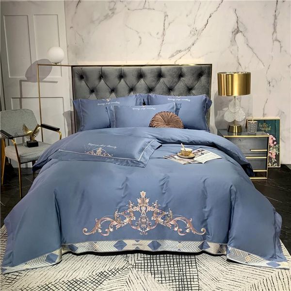 

luxury blue european style 600tc egyptian cotton chic embroidery bedding set duvet cover bed sheet or bedspread pillowcases 4pcs