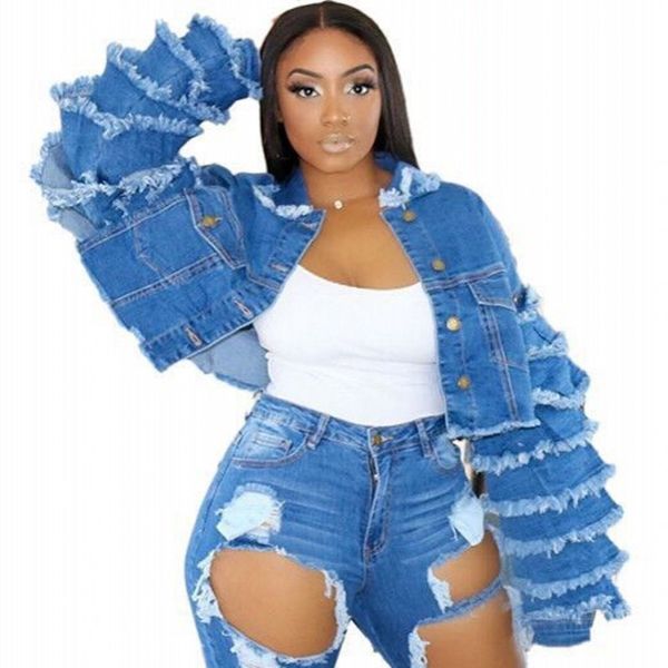 

Pocket for Woman Enlargement Short Sleeve Denim Outwear Autumn Fashion Streetwear Cascade Frilly Tailored Jacket X3va, Black