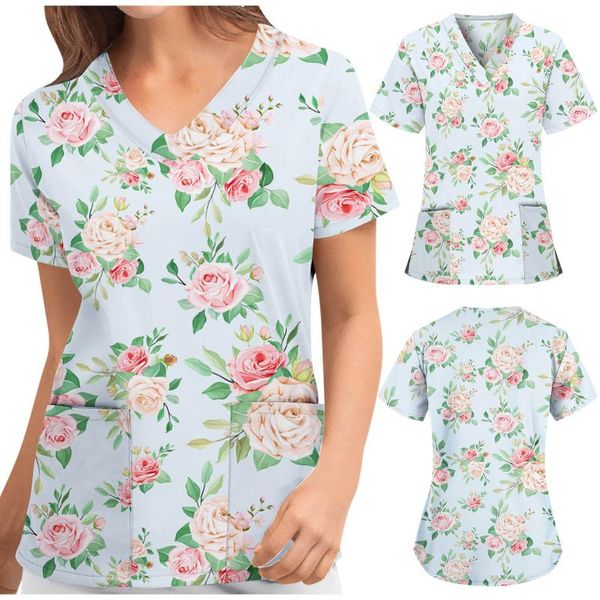 

women's t-shirt fast delivery t-shirts women short sleeve v-neck floral pattern nursing working uniform ropa camisetas t shirt, White