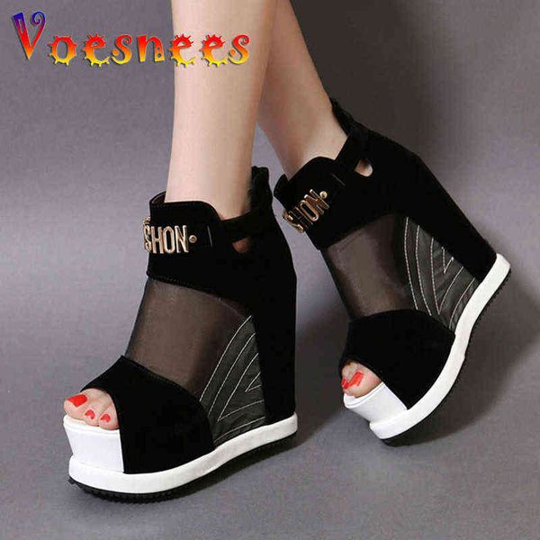 

flock ankl boots shoes women summer hollow high slope with the fish mouth single shoes thick bottom wedges short boots 210911, Black