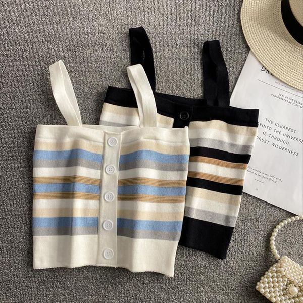 

korean crop colorblock women camis stripe off shoulder slim fit camisole sleeveless button fashion casual, White
