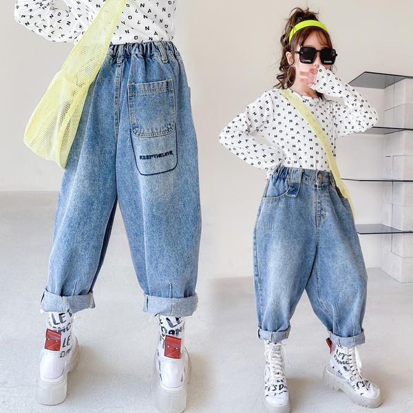 

modern children's clothing girls jeans blue loose elastic waist denim pants embroidery letters drawers kids 5 to 14 years girls