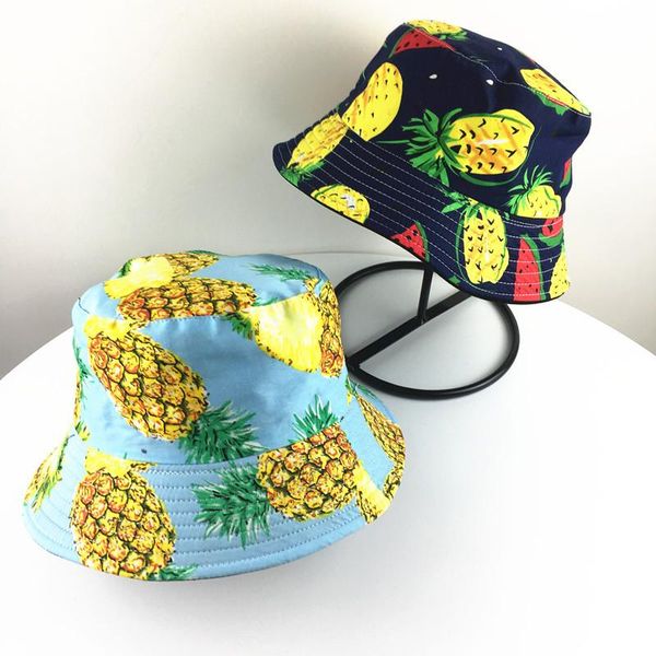 

cloches 2021 cotton double sided fruit pineapple banana bucket hat fisherman outdoor travel sun cap hats for men and women 183, Blue;gray