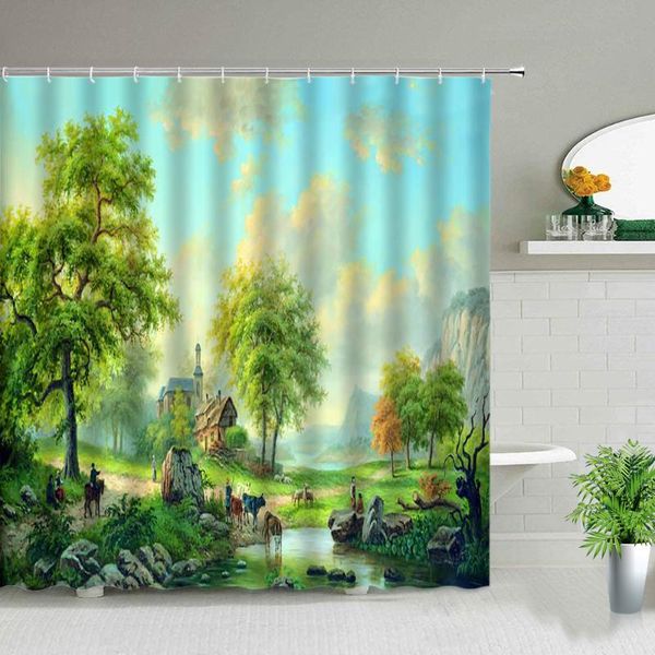 

european style rural oil painting scenery shower curtains flower plant paris tower couples landscape bathroom decor bath curtain