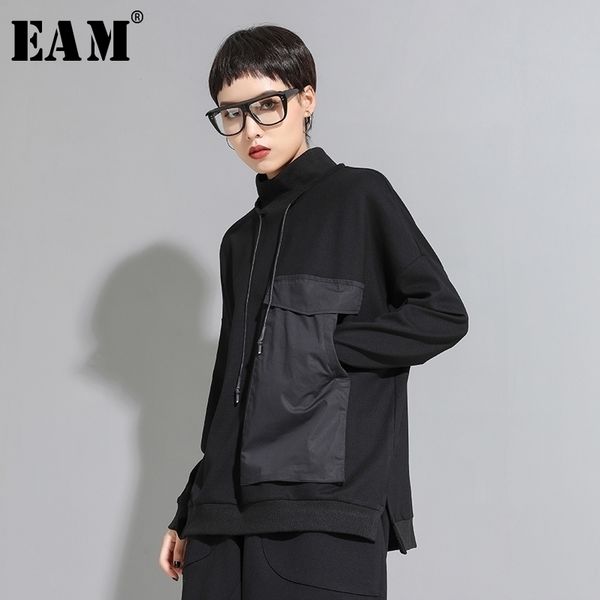 

[eam] women big pocket contrast color split big size t-shirt new high collar long sleeve fashion tide spring autumn 2021 1d095 210315, White