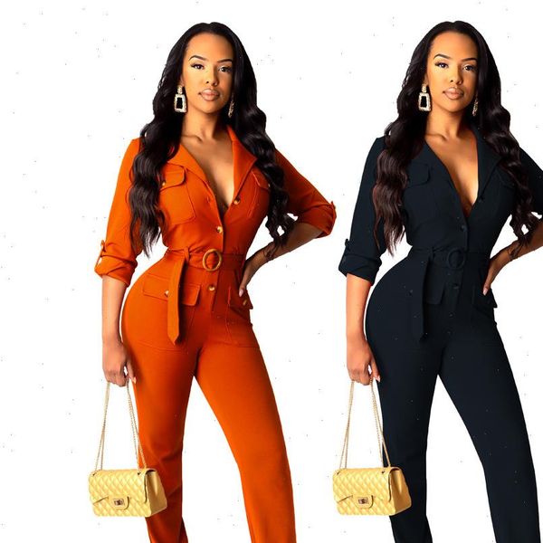 

elegant long womens overalls casual long sleeve jumpsuit rompers autumn solid belt slim long pants trousers streetwear, Black;white