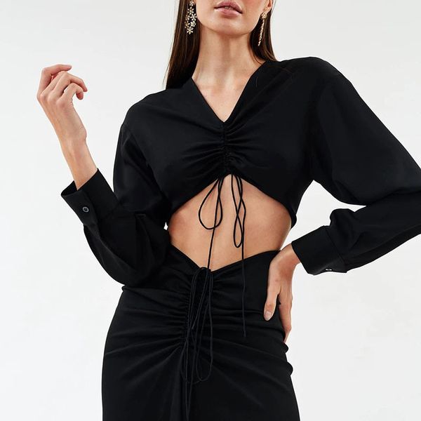 

bandage wrap + split maxi skirts tracksuit women suit long sleeve 2 piece sets elegant satin party matching set, White