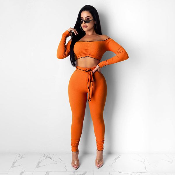

2021 autumn winter two piece outfits off shoulder long sleeve crop pants knit 2 piece set women club d48-cd42, White