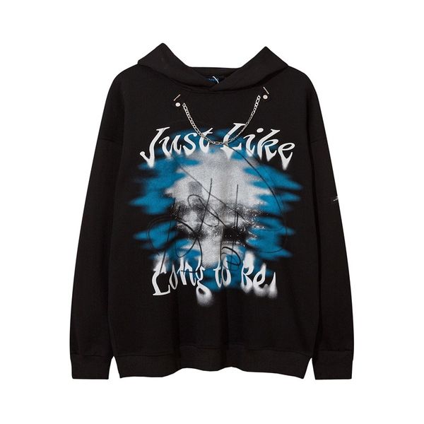 

ins high street dark print necklace large hoodie for men and women lovers oversized hip hop hoodie, Black