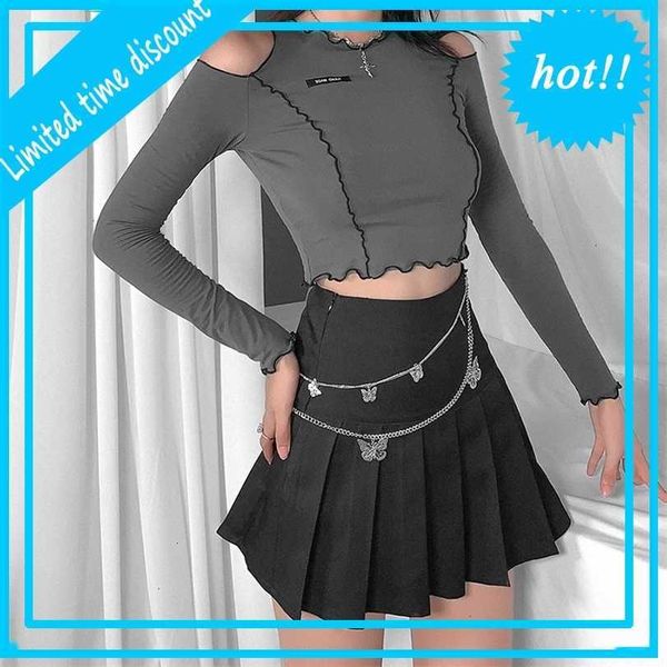 

wind women's 2021 autumn and winter new pure color letter label exposed navel wood ear t-shirt, White