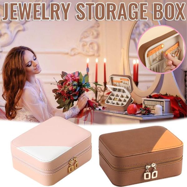 

40# new zippered jewelry box portable eearring ring necklace storage travel display holder girls gift valentine's day present