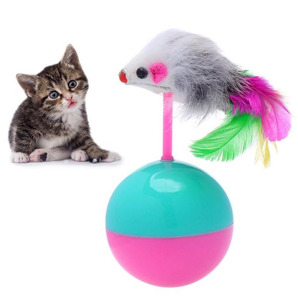 

cat toys pet kitten interactive training chasing ball toy with colorful feather mice random color