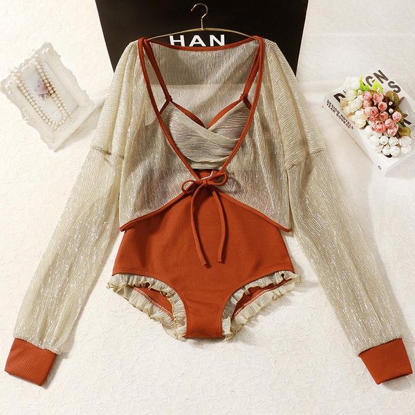 

2021 new women long sleeve one piece swimwear high waist bathing suit push up swimsuit monokini female swimming beachwear