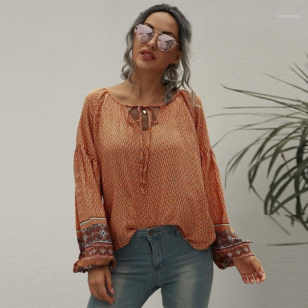 

fall clothing casual round neck printed lantern sleeve loose women blouse 2021 women's blouses & shirts, White