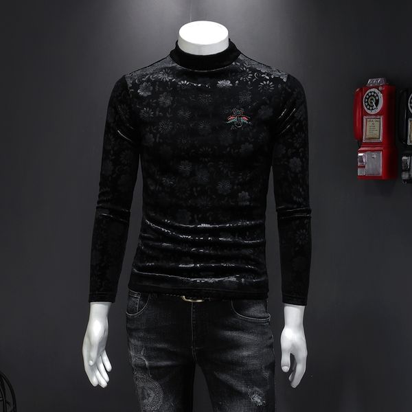 

autumn and winter men's high neck bottoming shirt chinese style slim gold velvet plus velvet thick flower long-sleeved t-shirt men&#039, White;black