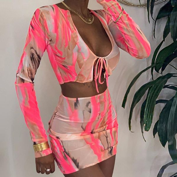 

2021 autumn winter sheer mesh print long sleeve two piece skirt set women club outfits matching sets c83-bc11, White