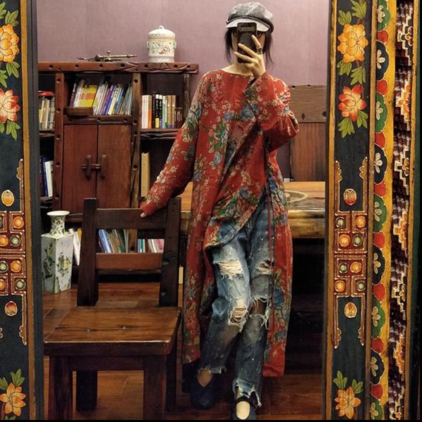 

vintage 2021 spring print dress straight regular full sleeve mid calf o neck retro cotton national style women dress, Black;gray