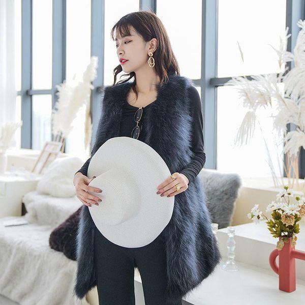 

women's fur & faux women 2021 winter fashion mid-long slim waistcoat female real raccoon vest coats ladies v-neck solid sleeveless jack, Black