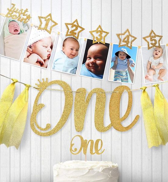 

party decoration baby 1st birthday boy girl star gold 12 month po banner i am one booth my first decorations kids