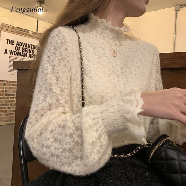 

women's t-shirt spring stand collar pullover fashion women clothes korean lace blouse office lady elegant solid, White