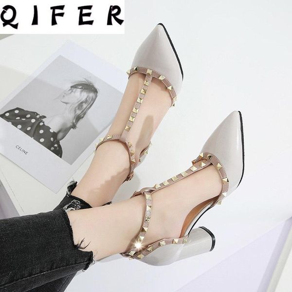 

dress shoes 2021 summer high heels t strap rivet pumps chunky sandal patent leather white wedding ladies 7579, Black